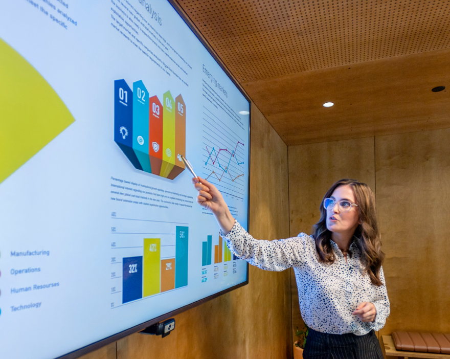 A Woman presenting during a business modernization workshop showing how you can compete in this digital world.