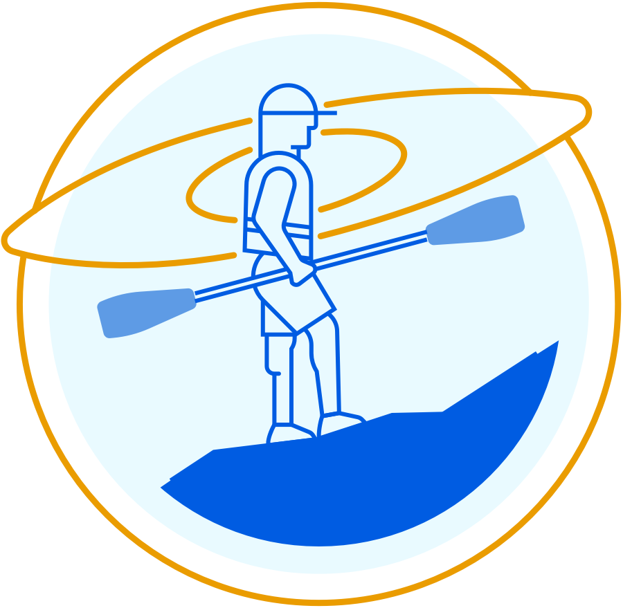 drawn icon of person going to kayak in a river